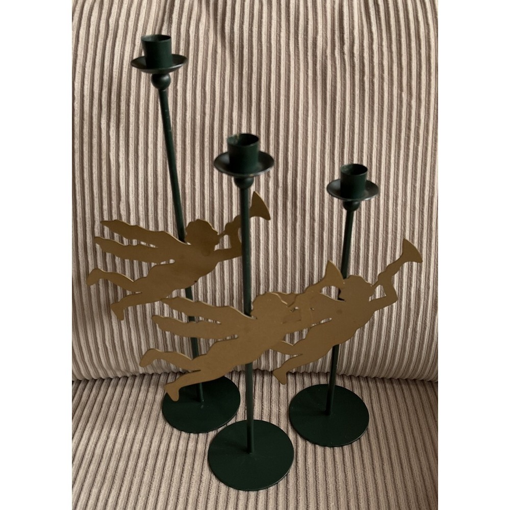 Metal Candlestick Set Of 3 Cherub With Trumpet Green Gold